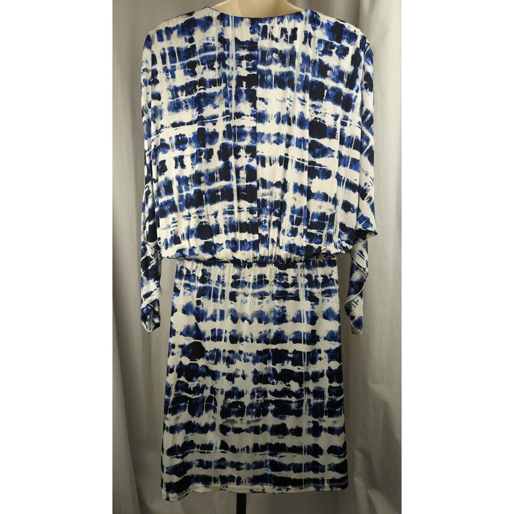 PARKER Blouson Dress Stretch Drape Faux Wrap Watercolor Blue Dolman Sleeve M L - Picture 3 of 6